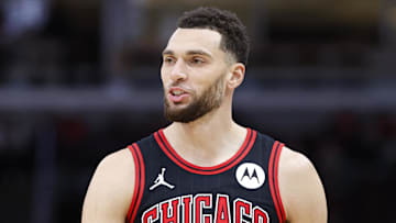 Dec 6, 2024; Chicago, Illinois, USA; Chicago Bulls guard Zach LaVine (8) reacts during the first half of a basketball game against the Indiana Pacers at United Center. Mandatory Credit: Kamil Krzaczynski-Imagn Images