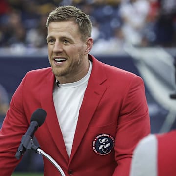 Oct 1, 2023; Houston, Texas, USA; Former Houston Texans player J.J. Watt speaks to the crowd after being inducted into the Texans Ring of Honor during the game against the Pittsburgh Steelers at NRG Stadium. Mandatory Credit: Troy Taormina-Imagn Images