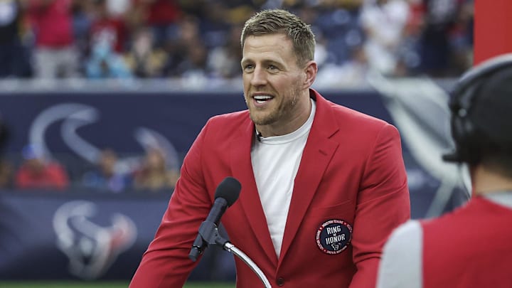 Oct 1, 2023; Houston, Texas, USA; Former Houston Texans player J.J. Watt speaks to the crowd after being inducted into the Texans Ring of Honor during the game against the Pittsburgh Steelers at NRG Stadium. Mandatory Credit: Troy Taormina-Imagn Images