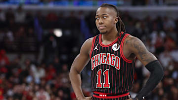 Nov 21, 2025; Chicago, Illinois, USA; Chicago Bulls guard Ayo Dosunmu (11) stands on the court during the second half at United Center. Mandatory Credit: Kamil Krzaczynski-Imagn Images