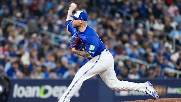 Yariel Rodríguez throwing a pitch for the blue jays out of the bull pen in 202