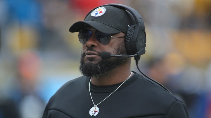 Pittsburgh Steelers head coach Mike Tomlin roams the sidelines during player introductions prior to the start of the game against the Jacksonville Jaguars at Acrisure Stadium in Pittsburgh, PA on October 29, 2023.