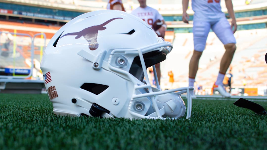 Texas Longhorns helmet seen before the game against the Rice Owls at Darrell K Royal-Texas Memorial Stadium.