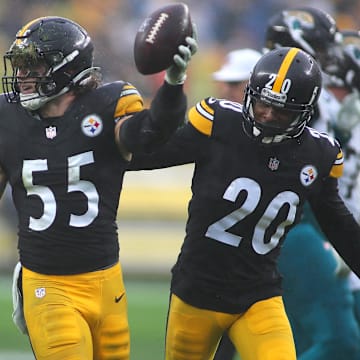 Pittsburgh Steelers Cole Holcomb (55) reacts after recovering a fumble during the first half against the Jacksonville Jaguars at Acrisure Stadium in Pittsburgh, PA on October 29, 2023.