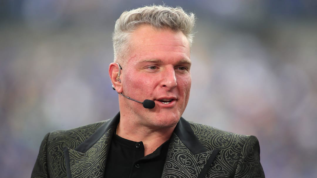 ESPN analyst Pat McAfee broadcasts live from the sidelines of Acrisure Stadium in Pittsburgh, PA prior to the start of the Pittsburgh Panthers vs Notre Dame Fighting Irish game on November 15, 2025.