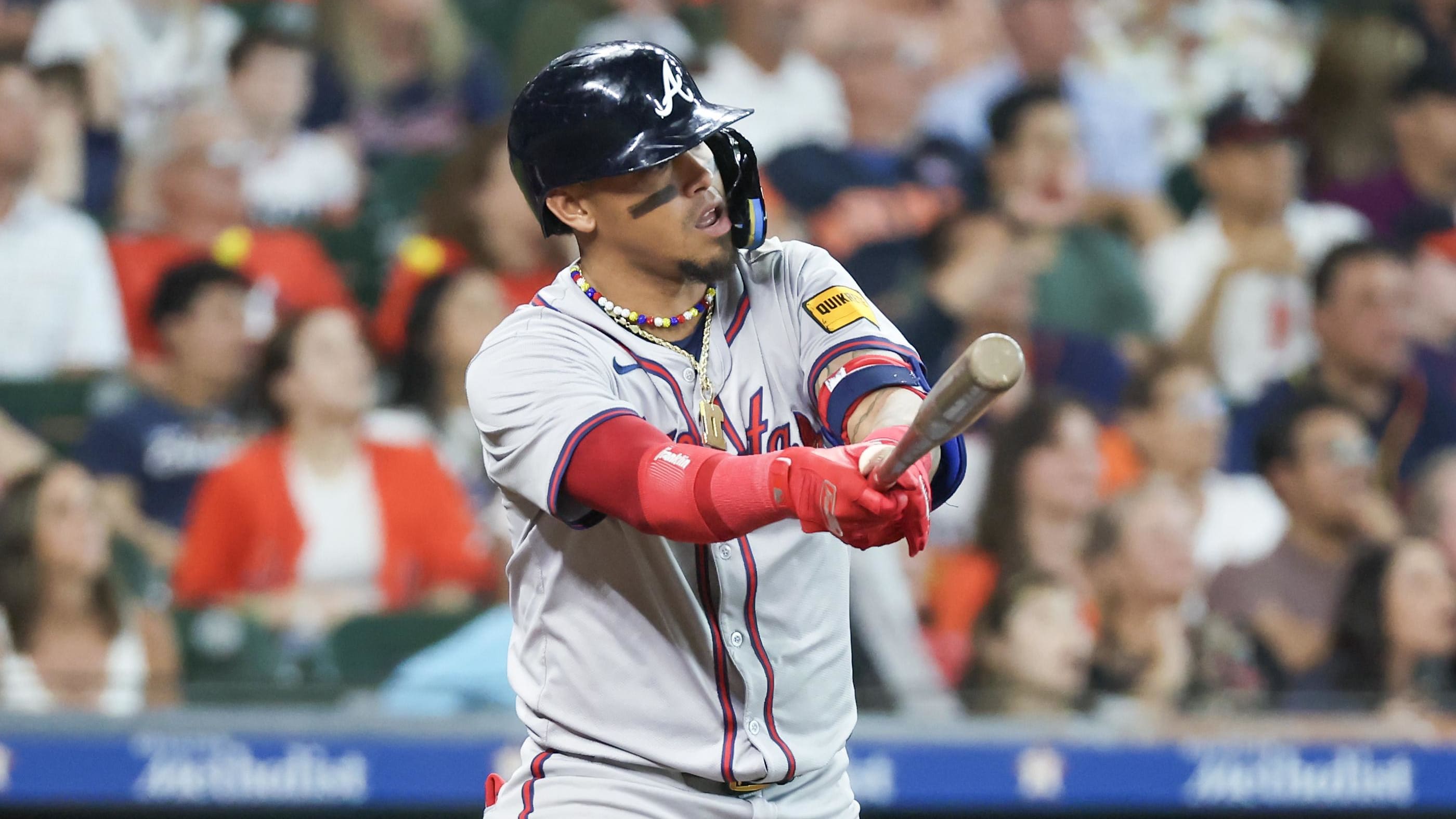 Atlanta Braves shortstop Orlando Arcia watches a batted ball against the Houston Astros. 