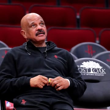 Dec 17, 2022; Houston, Texas, USA; Houston Rockets assistant coach John Lucas observes pregame warmups from the bench prior to the game against the Portland Trail Blazers at Toyota Center. Mandatory Credit: Erik Williams-USA TODAY Sports