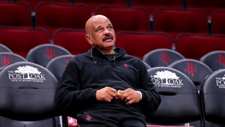 Dec 17, 2022; Houston, Texas, USA; Houston Rockets assistant coach John Lucas observes pregame warmups from the bench prior to the game against the Portland Trail Blazers at Toyota Center. Mandatory Credit: Erik Williams-USA TODAY Sports