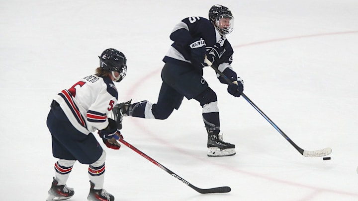 Penn State   s Tessa Janecke (15) shoots the puck during the third period against the Robert Morris Colonials on February 10, 2024 at Clearview Arena in Pittsburgh, PA.