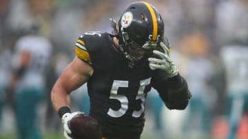 Pittsburgh Steelers Cole Holcomb pulls dirt out of his helmet after recovering a fumble during the first half against the Jacksonville Jaguars at Acrisure Stadium in Pittsburgh, PA on October 29, 2023.