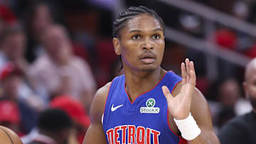 Oct 24, 2025; Houston, Texas, USA; Detroit Pistons guard Ausar Thompson (9) dribbles the ball during the third quarter against the Houston Rockets at Toyota Center. Mandatory Credit: Troy Taormina-Imagn Images