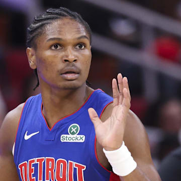 Oct 24, 2025; Houston, Texas, USA; Detroit Pistons guard Ausar Thompson (9) dribbles the ball during the third quarter against the Houston Rockets at Toyota Center. Mandatory Credit: Troy Taormina-Imagn Images