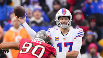  Buffalo Bills quarterback Josh Allen (17) passes against Tampa Bay Buccaneers defensive end Logan Hall (90) 