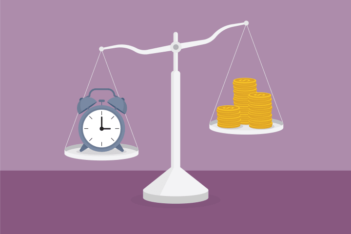 illustration of weighing scales with clock on one side and coins on the other