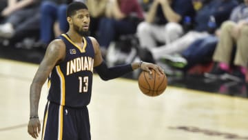 Apr 2, 2017; Cleveland, OH, USA; Indiana Pacers forward Paul George (13) dribbles against the Cleveland Cavaliers in the first overtime at Quicken Loans Arena. Mandatory Credit: David Richard-USA TODAY Sports