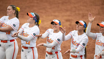 Florida gator chomps with the crowd after defeating Oklahoma 6-4 during a NCAA softball game at Katie Seashole Pressly Stadium in Gainesville, FL on Saturday, May 3, 2025. [Alan Youngblood/Gainesville Sun]