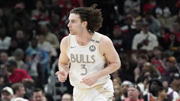 Feb 22, 2025; Chicago, Illinois, USA; Chicago Bulls guard Josh Giddey (3) gestures after making a three point basket