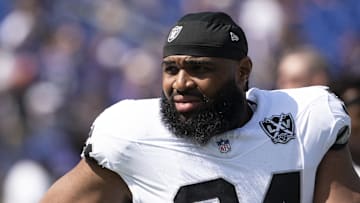 Sep 15, 2024; Baltimore, Maryland, USA;  Las Vegas Raiders defensive tackle Christian Wilkins (94) before the game against the Baltimore Ravens at M&T Bank Stadium. Mandatory Credit: Tommy Gilligan-Imagn Images