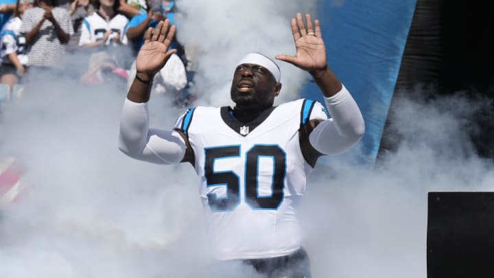 Oct 1, 2023; Charlotte, North Carolina, USA; Carolina Panthers linebacker Justin Houston (50) takes the field during the first half against the Minnesota Vikings at Bank of America Stadium. Mandatory Credit: Jim Dedmon-USA TODAY Sports