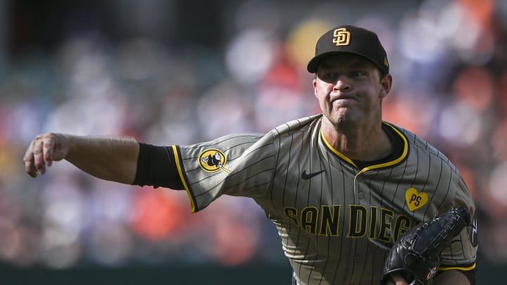 Jul 27, 2024; Baltimore, Maryland, USA;  San Diego Padres pitcher Michael King (34) throws a third inning pitch against the Baltimore Orioles at Oriole Park at Camden Yards. Mandatory Credit: Tommy Gilligan-USA TODAY Sports