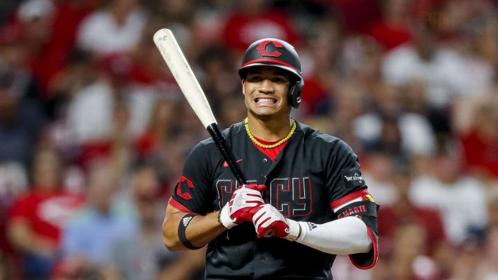 Sep 22, 2023; Cincinnati, Ohio, USA; Cincinnati Reds third baseman Noelvi Marte (16) reacts after striking out against the Pittsburgh Pirates in the third inning at Great American Ball Park. Mandatory Credit: Katie Stratman-USA TODAY Sports