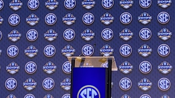 The SEC Media Days stage.