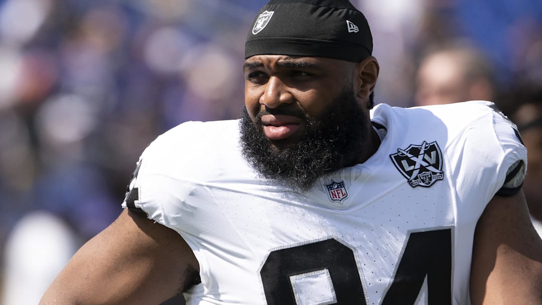 Sep 15, 2024; Baltimore, Maryland, USA;  Las Vegas Raiders defensive tackle Christian Wilkins (94) before the game against the Baltimore Ravens at M&T Bank Stadium. Mandatory Credit: Tommy Gilligan-Imagn Images
