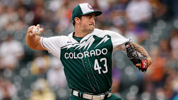 Jun 7, 2023; Denver, Colorado, USA; Colorado Rockies starting pitcher Connor Seabold (43) pitches in the first inning against the San Francisco Giants at Coors Field. Mandatory Credit: Isaiah J. Downing-Imagn Images