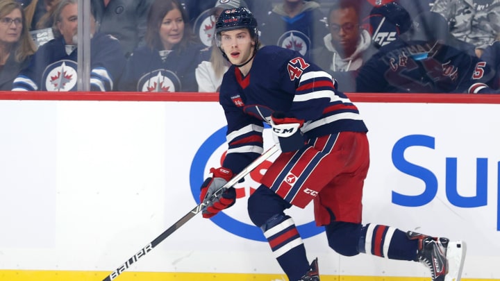 Oct 1, 2022; Winnipeg, Manitoba, CAN;  Winnipeg Jets center Brad Lambert (47) at Canada Life Centre. Mandatory Credit: James Carey Lauder-USA TODAY Sports