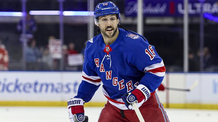 Apr 4, 2026; New York, New York, USA; New York Rangers center Vincent Trocheck (16) warms up before the first period at Madison Square Garden.