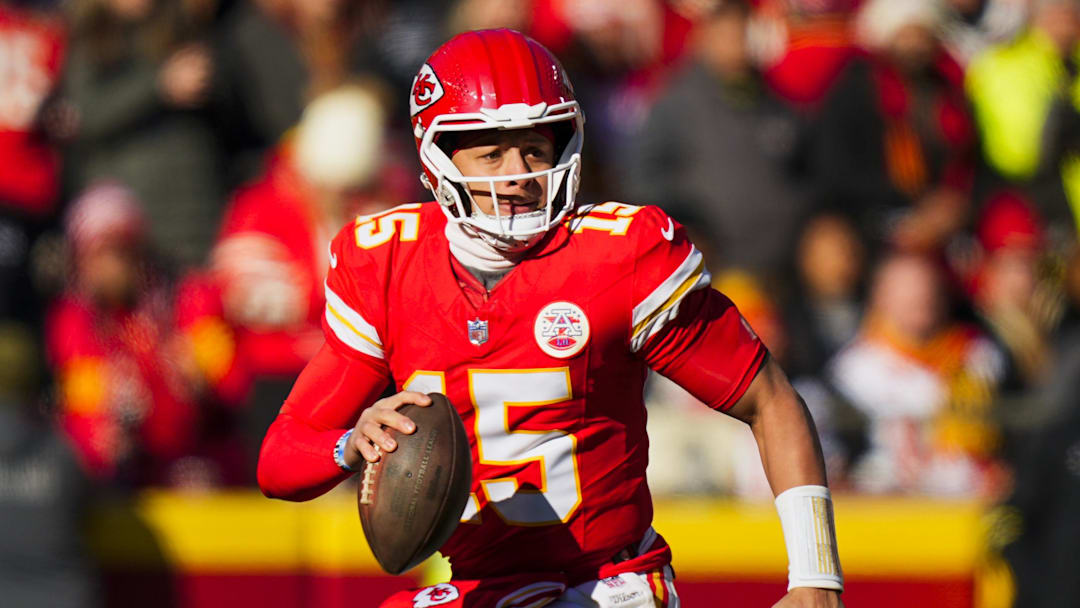 Dec 14, 2025; Kansas City, Missouri, USA; Kansas City Chiefs quarterback Patrick Mahomes (15) looks to pass against the Los Angeles Chargers during the second quarter at GEHA Field at Arrowhead Stadium. Mandatory Credit: Jay Biggerstaff-Imagn Images