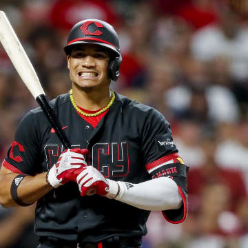 Sep 22, 2023; Cincinnati, Ohio, USA; Cincinnati Reds third baseman Noelvi Marte (16) reacts after striking out against the Pittsburgh Pirates in the third inning at Great American Ball Park. Mandatory Credit: Katie Stratman-USA TODAY Sports