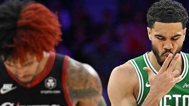 Apr 24, 2026; Philadelphia, Pennsylvania, USA; Boston Celtics forward Jayson Tatum (0) reacts after a three point basket against the Philadelphia 76ers during the second half at Xfinity Mobile Arena. Mandatory Credit: Eric Hartline-Imagn Images