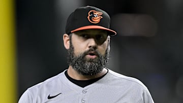 Former Baltimore Orioles relief pitcher Andrew Kittredge (39) against the Texas Rangers at Globe Life Field in 2025 before being traded to the Cubs