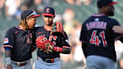 Jul 12, 2025; Chicago, Illinois, USA; Cleveland Guardians third baseman Jose Ramirez (11) and shortstop Brayan Rocchio (4) celebrate after defeating the Chicago White Sox at Rate Field. Mandatory Credit: Patrick Gorski-Imagn Images