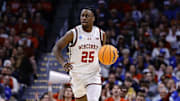 Mar 22, 2025; Denver, CO, USA; Wisconsin Badgers guard John Blackwell (25) dribbles the ball against the Brigham Young Cougars during the first half in the second round of the NCAA Tournament  at Ball Arena.