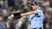 Oct 16, 2025; Seattle, Washington, USA; Toronto Blue Jays pitcher Max Scherzer (31) in the sixth inning against the Seattle Mariners during game four of the ALCS round for the 2025 MLB playoffs at T-Mobile Park. Mandatory Credit: Kevin Ng-Imagn Images