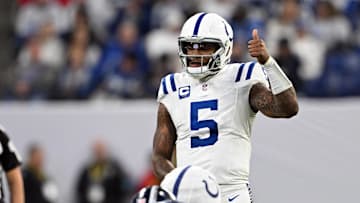 Dec 22, 2024; Indianapolis, Indiana, USA; Indianapolis Colts quarterback Anthony Richardson (5) gives a thumbs up before the snap during the second half against the Tennessee Titans at Lucas Oil Stadium. Mandatory Credit: Marc Lebryk-Imagn Images