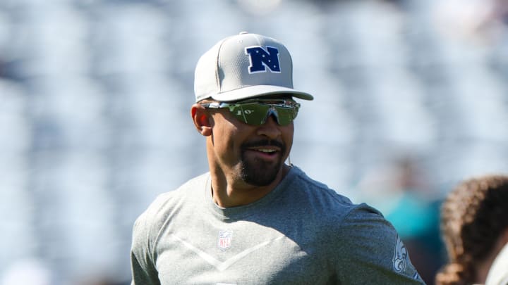 Feb 3, 2024; Orlando, FL, USA; Philadelphia Eagles quarterback Jalen Hurts (1) participates in the AFC versus NFC Pro Bowl practice and media day at Camping World Stadium. Mandatory Credit: Nathan Ray Seebeck-USA TODAY Sports