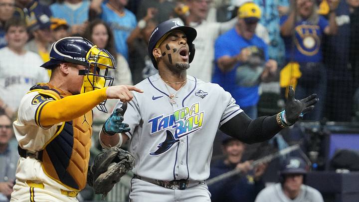 Oct 24, 2026; Milwaukee, Wisconsin, USA;  Tampa Bay Rays designated hitter Yandy Diaz (2) reacts after striking out during the ninth inning against the Milwaukee Brewers in game two of the 2026 World Series at American Family Field.  Mandatory Credit: Michael McLoone-Imagn Images