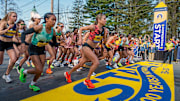 The elite women runners at the start of the 128th running of the Boston Marathon in Hopkinton, April 15, 2024.