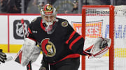 Mar 2, 2024; Philadelphia, Pennsylvania, USA; Ottawa Senators goaltender Mads Sogaard (40) makes a save against the Philadelphia Flyers during the first period at Wells Fargo Center. Mandatory Credit: Eric Hartline-USA TODAY Sports