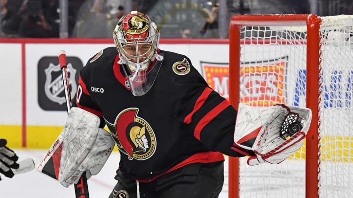 Mar 2, 2024; Philadelphia, Pennsylvania, USA; Ottawa Senators goaltender Mads Sogaard (40) makes a save against the Philadelphia Flyers during the first period at Wells Fargo Center. Mandatory Credit: Eric Hartline-USA TODAY Sports