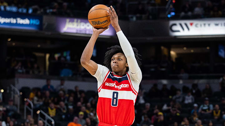 Apr 8, 2025; Indianapolis, Indiana, USA; Washington Wizards guard Bub Carrington (8) shoots the ball in the second half against the Indiana Pacers at Gainbridge Fieldhouse. Mandatory Credit: Trevor Ruszkowski-Imagn Images Apr 8, 2025; Indianapolis, Indiana, USA; Washington Wizards guard Bub Carrington (8) shoots the ball in the second half against the Indiana Pacers at Gainbridge Fieldhouse. Mandatory Credit: Trevor Ruszkowski-Imagn Images