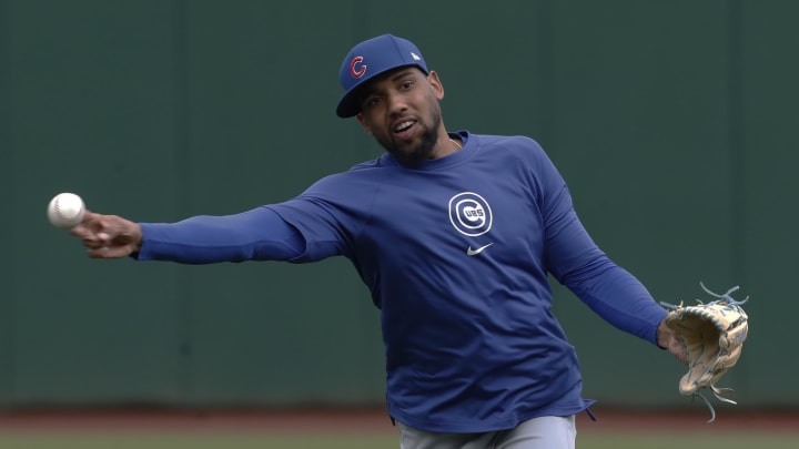 May 11, 2024; Pittsburgh, Pennsylvania, USA;  Chicago Cubs relief pitcher Jose Cuas (74) throws in the outfield before the game against the Pittsburgh Pirates at PNC Park. 