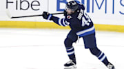 Sep 21, 2024; Winnipeg, Manitoba, CAN; Winnipeg Jets Colby Barlow (49) warms up before a preseason game Minnesota Wild at Canada Life Centre. Mandatory Credit: James Carey Lauder-Imagn Images