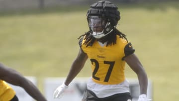 Jul 27, 2023; Latrobe, PA, USA;  Pittsburgh Steelers cornerback Cory Trice (27) participates in drills during training camp at Saint Vincent College. Mandatory Credit: Charles LeClaire-USA TODAY Sports