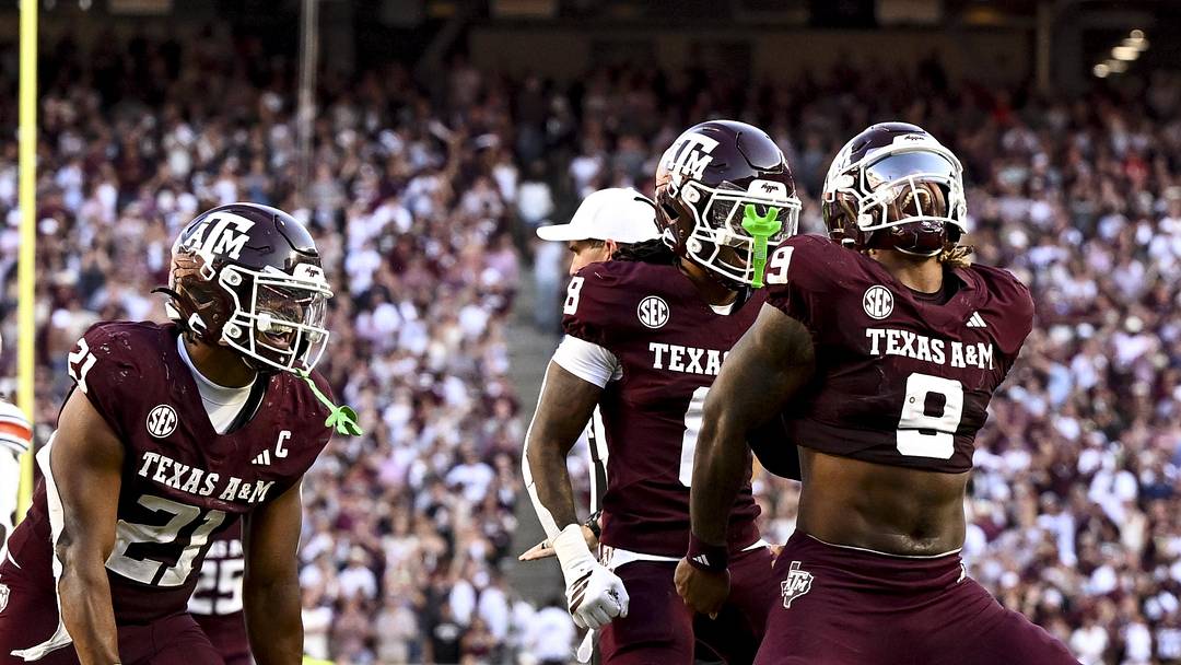 Sep 27, 2025; College Station, Texas, USA; Texas A&M Aggies defensive end Cashius Howell (9) reacts after a sack during the fourth quarter against the Auburn Tigers at Kyle Field. Mandatory Credit: Maria Lysaker-Imagn Images