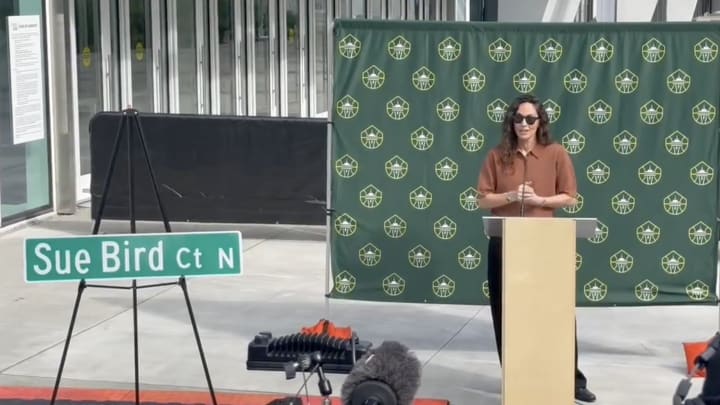 Former Seattle Storm star Sue Bird speaks at the ceremony in which the city of Seattle dedicated a street "Sue Bird Court" to her.