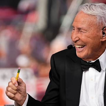 Lee Corso talks on the set of ESPN College GameDay